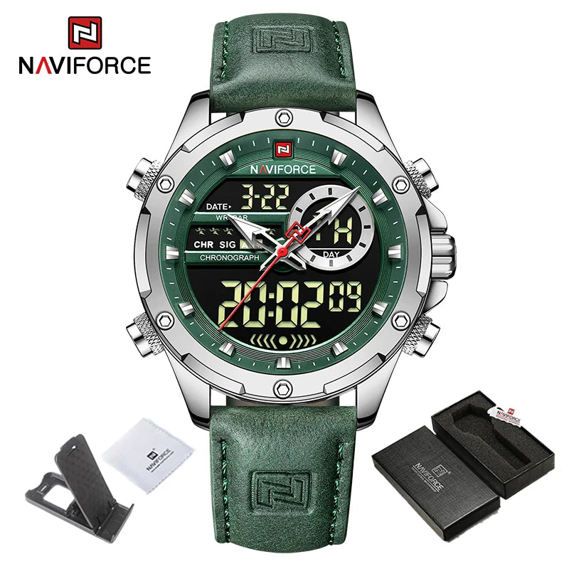 NAVIFORCE Classic Brand Man Genuine Leather Waterproof Wrist Watch Sports Casual Male Quartz Digital Military Chronograph Clocks