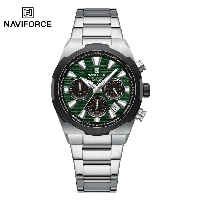 NAVIFORCE Men's Quartz Watch Multifunctional Calendar Stopwatch Luminous 30ATM Waterproof Stainless Steel Band Wristwatch
