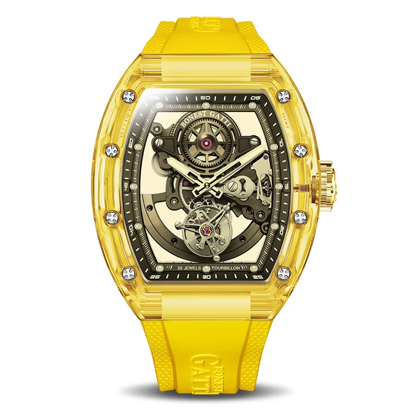 ChronoState BONEST GATTI Tourbillon – Automatic Crystal Skeleton Watch | Sapphire Luminous Rubber Strap Timepiece