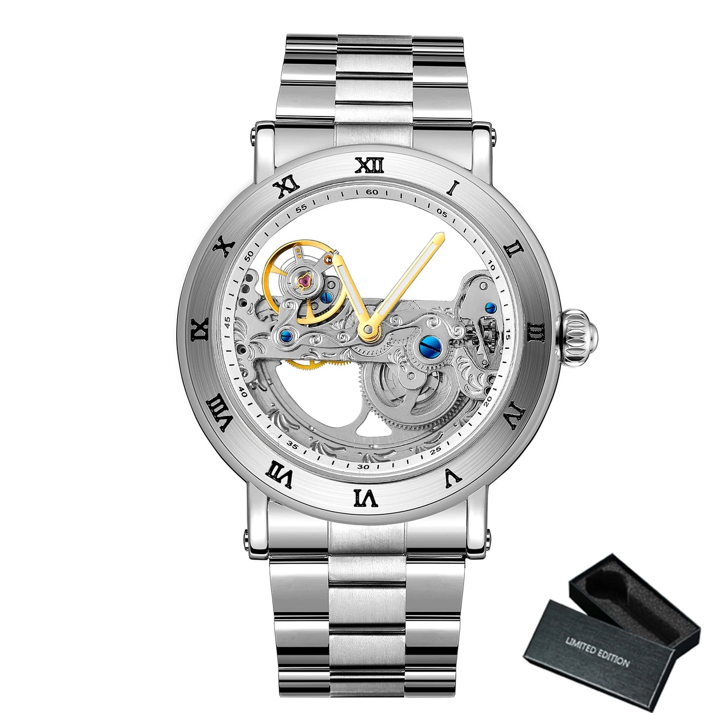 Forsining Luxury Skeleton Automatic Mechanical Watch for Men Golden Bridge Dial Steel Leather Strap Business Mens Watches Gifts