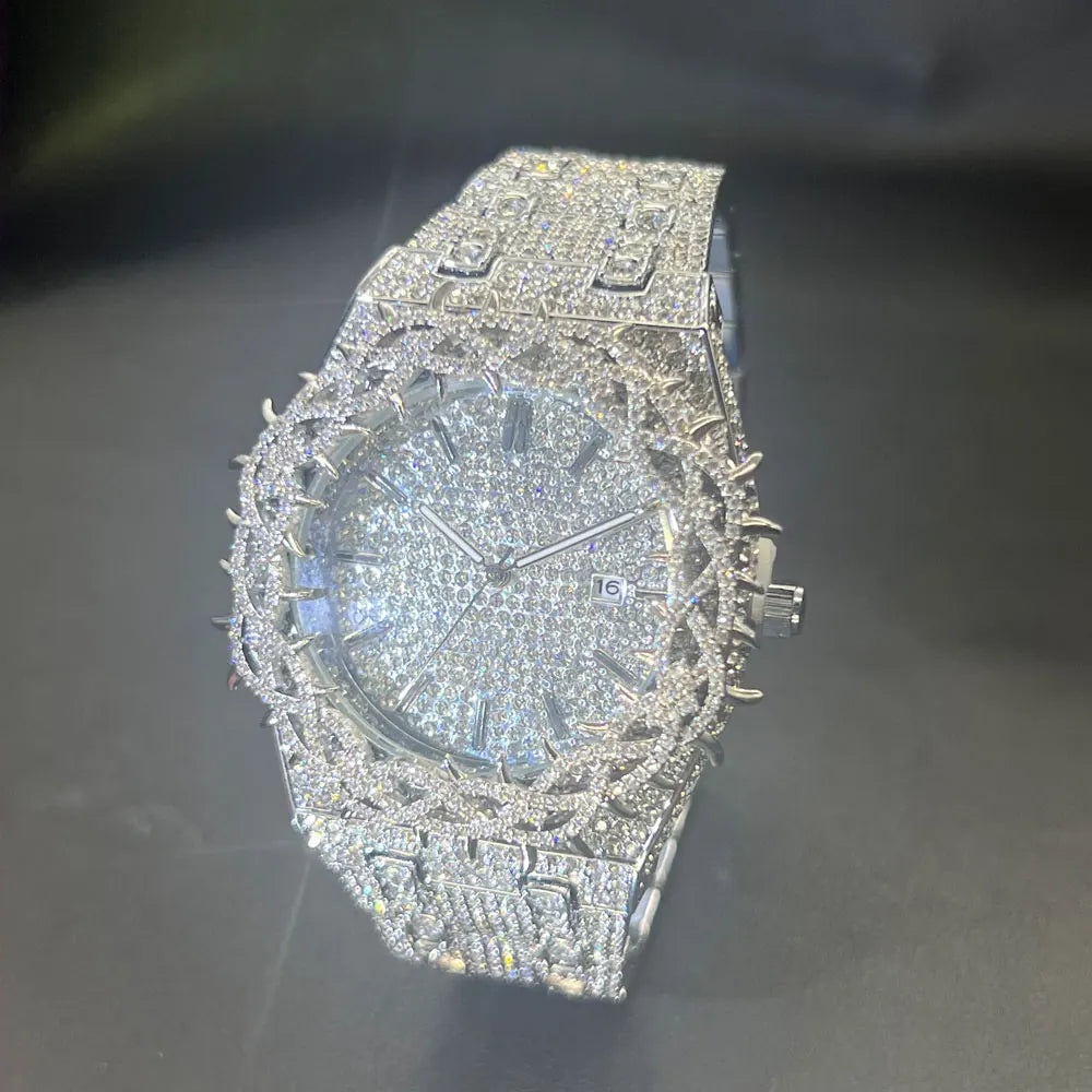 MISSFOX Cool Black Watch For Men Luxury Thorn Crown Quartz Watches Fashion Hip Hop Iced Diamond Wristwatch Man Dropshipping