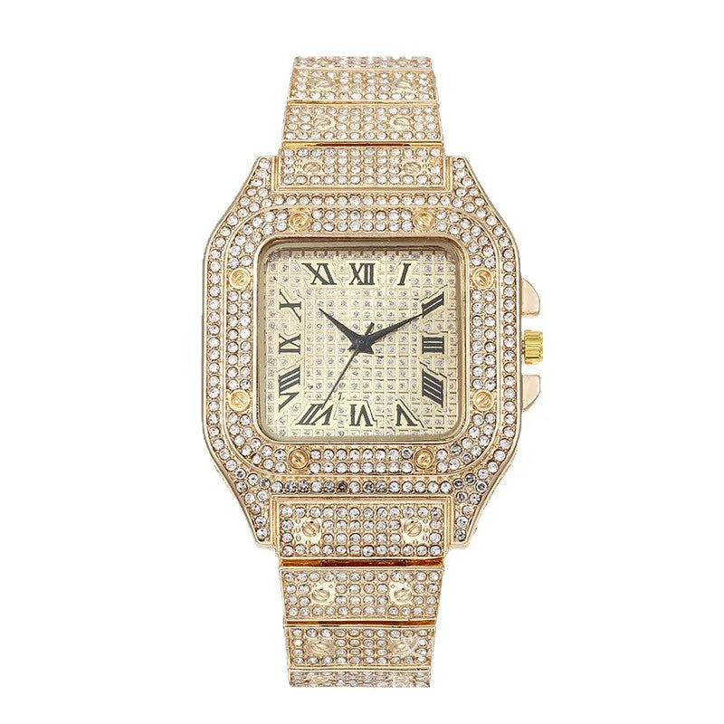Brand Luxury Men's Watches Stylish Alloy Strap Hip Hop Diamond Gold Date Quartz Watch Montre Homme
