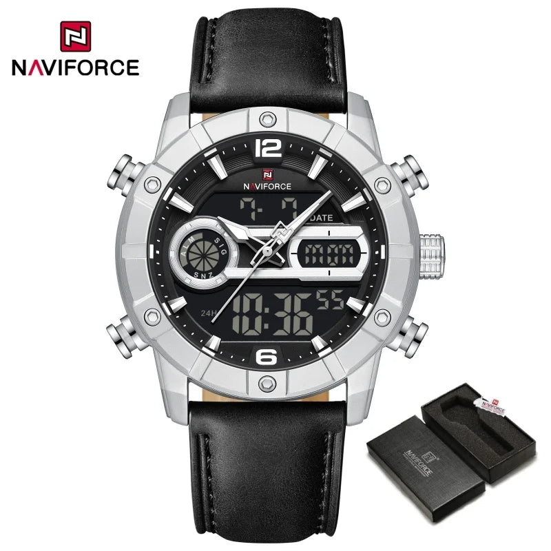 NAVIFORCE NF9263 Waterproof Watch Luminous Display Genuine Leather Strap Multi-Function Chronograph Countdown Timer Alarm NF9263