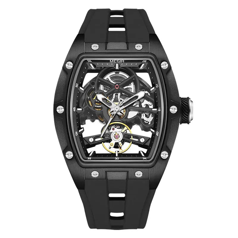 MEGIR Men Wristwatch Fashion Black Waterproof Automatic Mechanical Watch with Luminous Hands Silicone Strap Tonneau Dial 2242