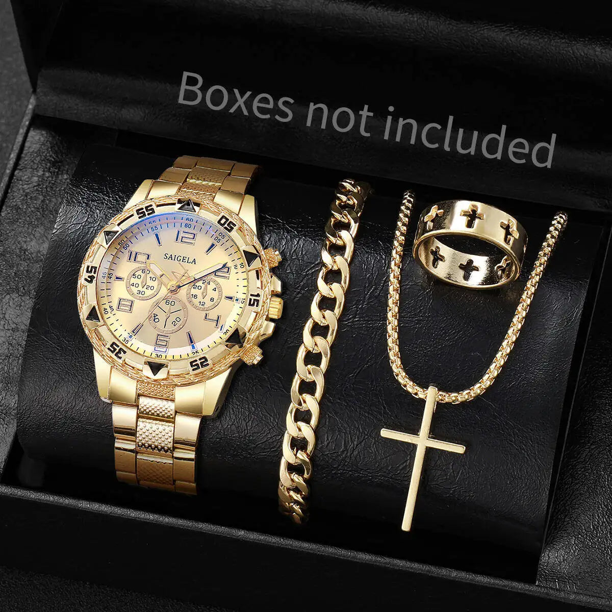 4PCS/Set Fashion Mens Stainless Steel Watches Luxury Quartz Wristwatch Jewelry Set Reloj Hombre(Box Not Included )