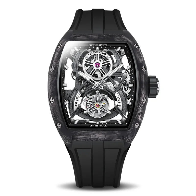 BONEST GATTI 2025 New Luxury Men Automatic Mechanical Tourbillon Skeleton Carbon Fiber Luminous Barrel Case Wristwatch