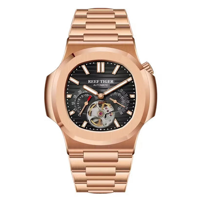 Reef Tiger Men Automatic Watch Luxury 44mm Square Mechanical Wristwatch Sapphire Luminous Skeleton Dial Date 24 Hours
