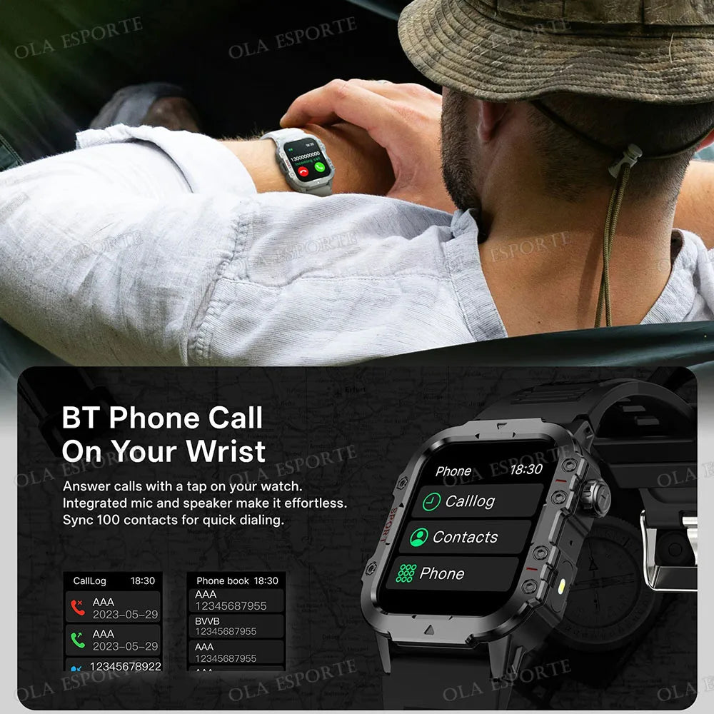2026 Military Outdoor Smart Watch Men's GPS Flashlight Bluetooth Call 2.01" AMOLED Screen 3ATM Waterproof Sports Smartwatch Hw12