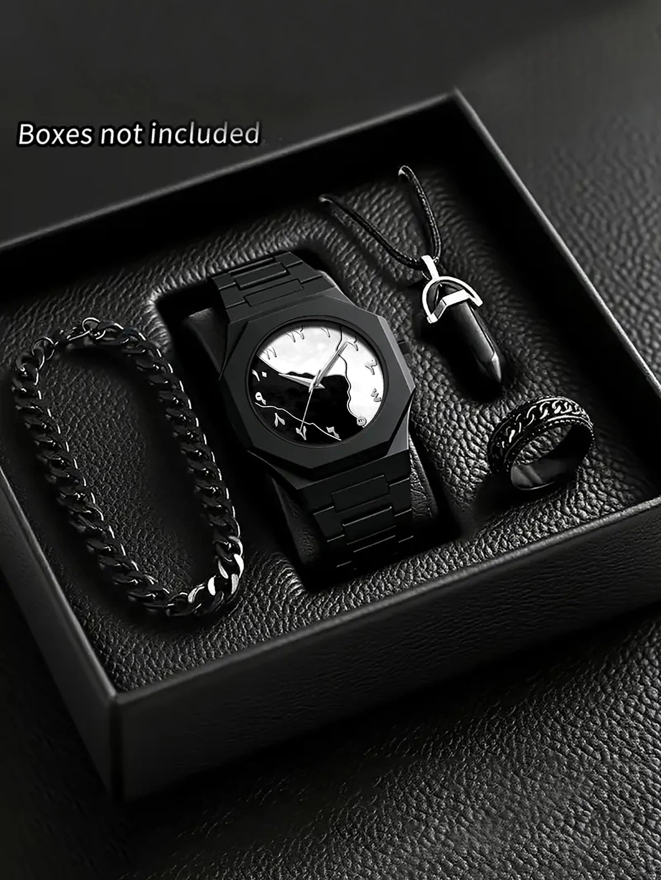 Men's Quartz Watch Bracelet Necklace Ring Set Plastic Strap Suitable for Daily Wear Festival Gifts Box Not Included