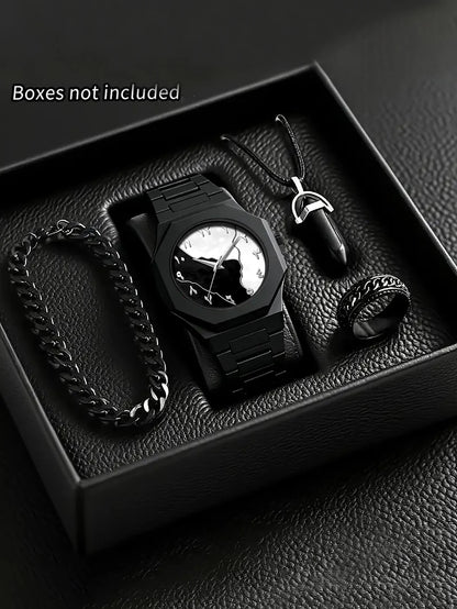 Men's Quartz Watch Bracelet Necklace Ring Set Plastic Strap Suitable for Daily Wear Festival Gifts Box Not Included