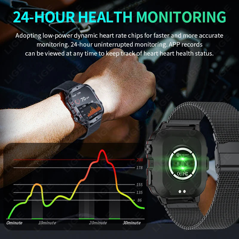 Men's Smartwatch Military Outdoor Sports Health Monitoring Bluetooth Call Voice Assistant Waterproof For Android IOS Smart Watch