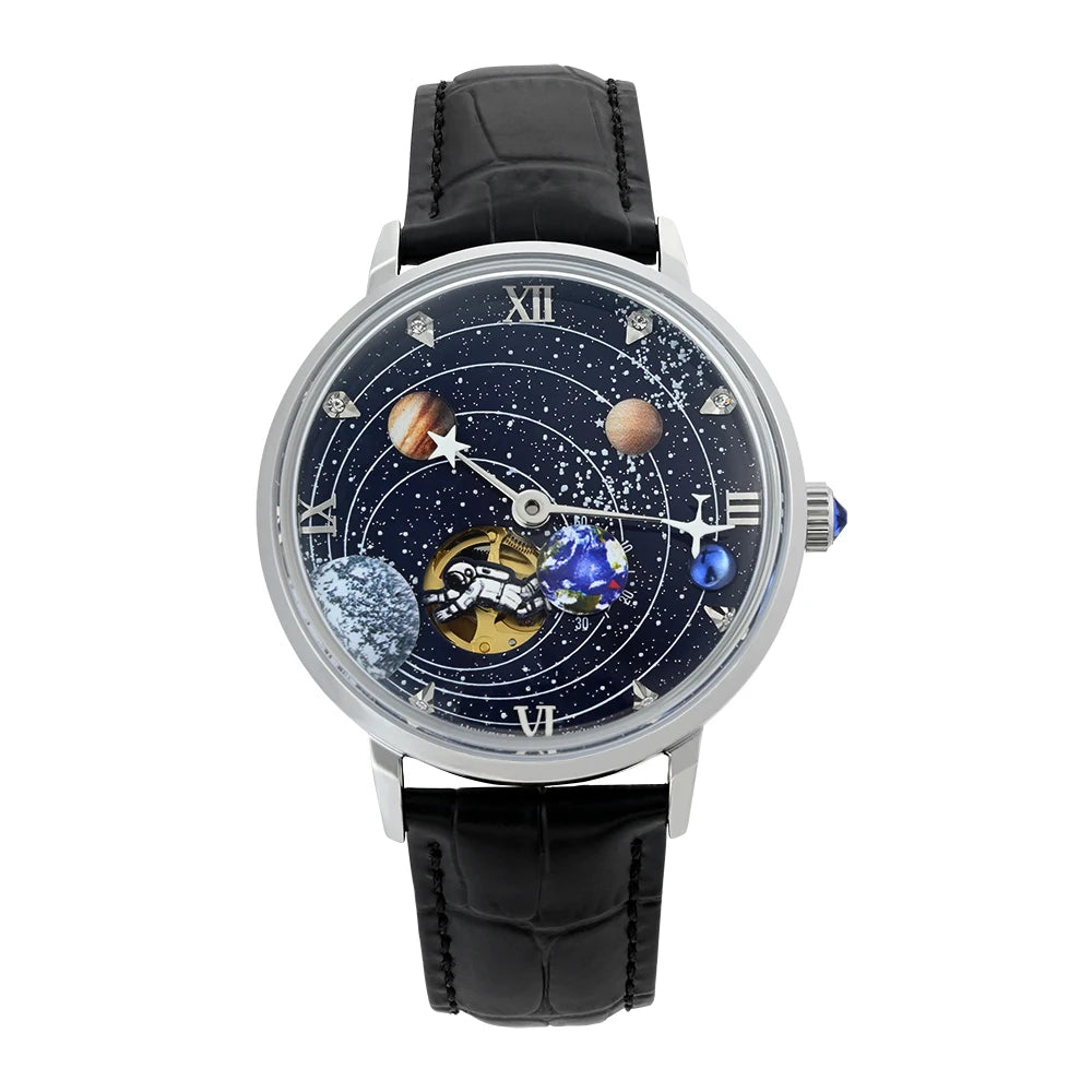 Stainless Steel Men's Space Explorer Automatic Mechanical Watch Galaxy  Planet Dial Durable Fashion Accessory Unique Timepiece