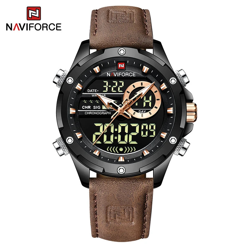 NAVIFORCE Fashion Watches male Casual Genuine Leather Wristwatch Military Waterproof Digital Chronograph Quartz Man Alarm Clocks