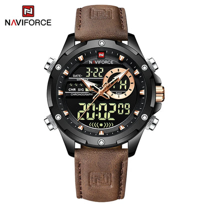 NAVIFORCE Fashion Watches male Casual Genuine Leather Wristwatch Military Waterproof Digital Chronograph Quartz Man Alarm Clocks