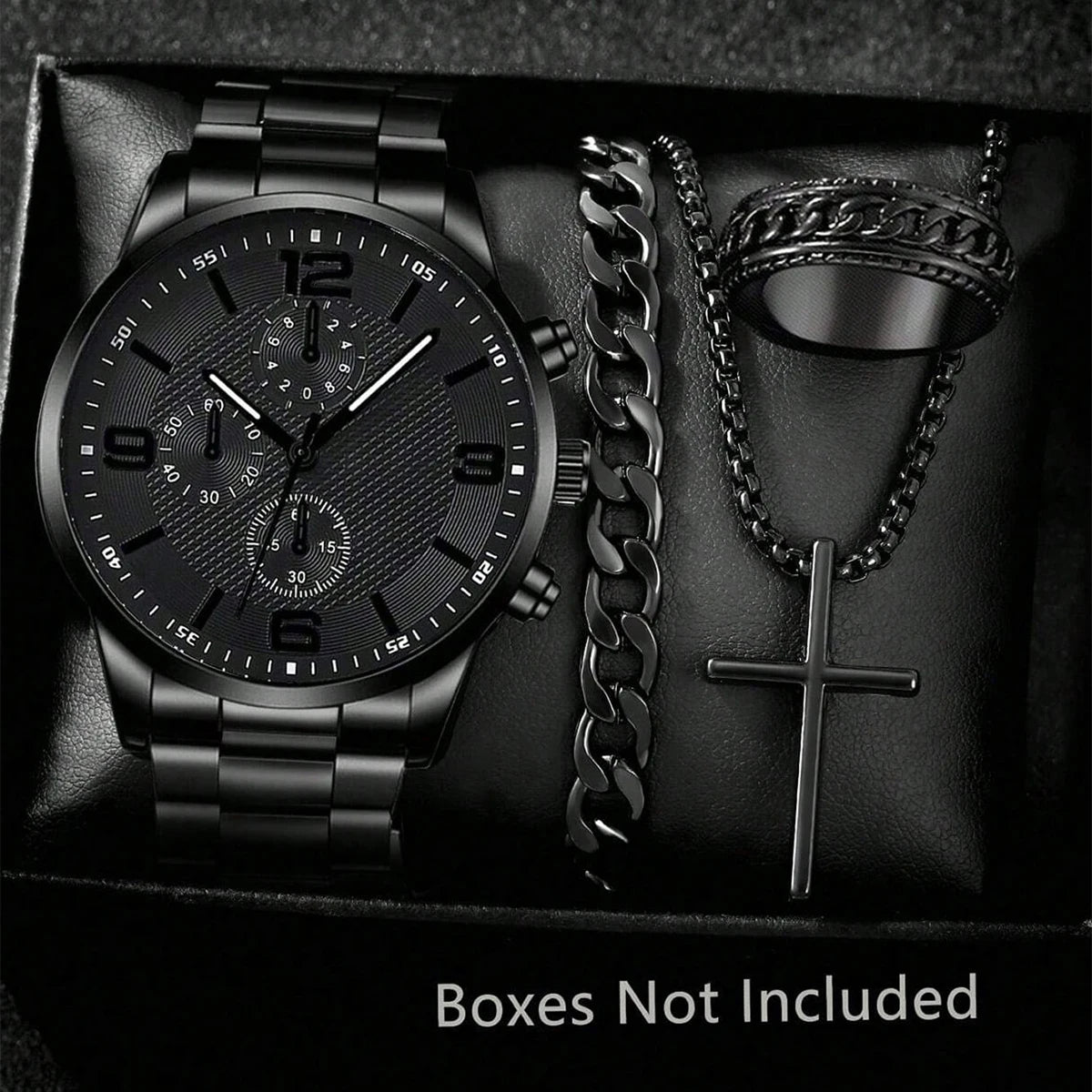 2/4PCS Men's Watch Set Business Trend Fashion Classic Three Eye Quartz Watch Bracelet Necklace Ring Set Perfect Gift