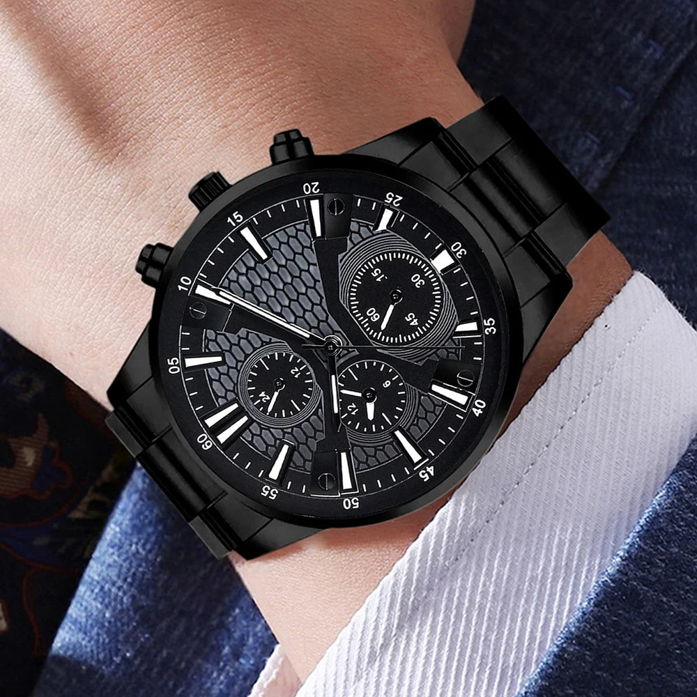 2/4PCS Black Men's Watch Set Business Trend Fashion Quartz Watch Jewelry Set Suitable for Daily Clothing Matching Perfect