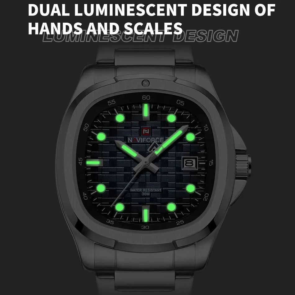 NAVIFORCE Fashion Men's Business Quartz Watch Stainless Steel Luminous Calendar Clock Male Square Dial Sports Wristwatch