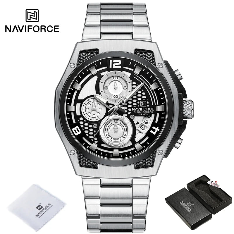 NAVIFORCE Brand Casual Sports Men Watches Multifunction Steel Strap Quartz Chronograph With Date Display Wristwatch Reloj Hombre