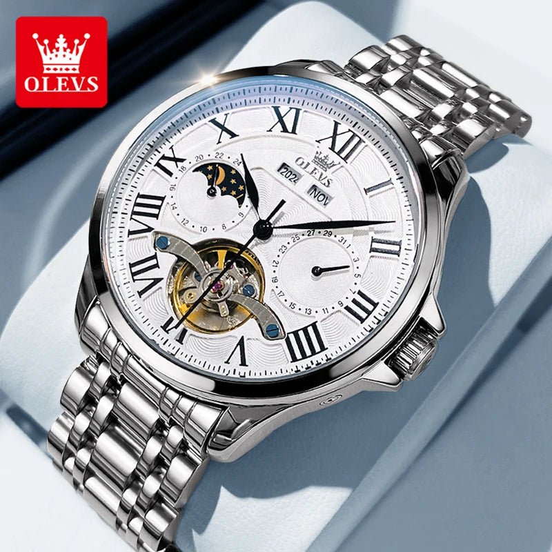 OLEVS 7013 Automatic Men Watch Moon phase Waterproof Luxury Men's Watch Date Stainless steel Mechanical Watch