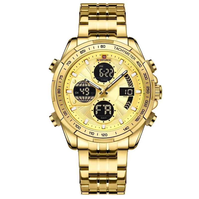 Top Luxury NAVIFORCE Gold Watches for Men Quartz Military Digital Sports Wrist Watch Steel Band Waterproof Luminous Alarm Clock