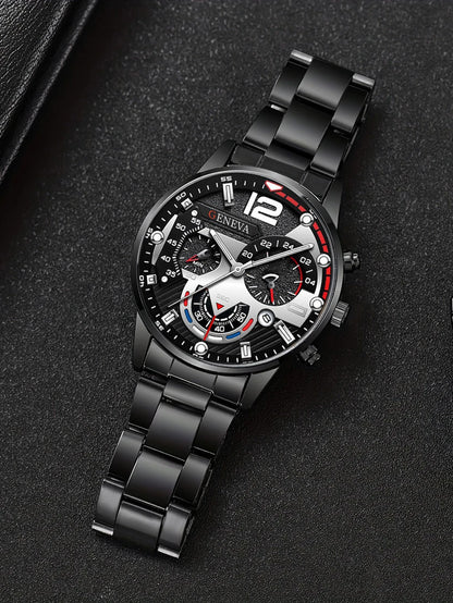 Men's Trendy Quartz Watch Set with Bracelet Necklace Ring Calendar Function Birthday Gift Not including Box