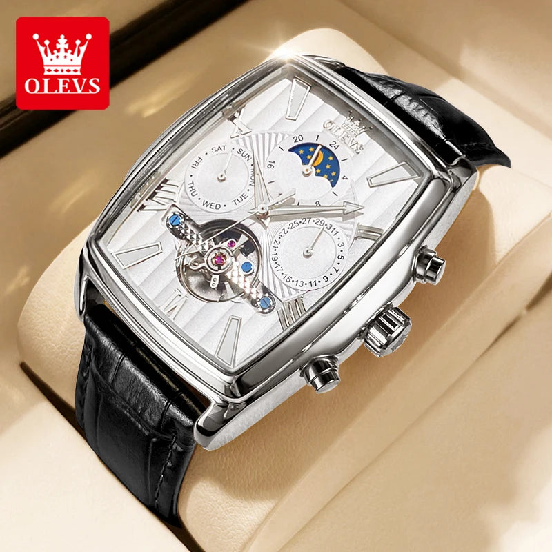 OLEVS 6675 Original Automatic Men's Watches Luxury Brand Square Dial Moon Phase Hollowed Flywheel Mechanical Wristwatch for Man