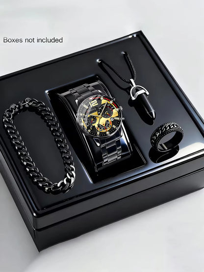 Men's Trendy Quartz Watch Set with Bracelet Necklace Ring Calendar Function Birthday Gift Not including Box