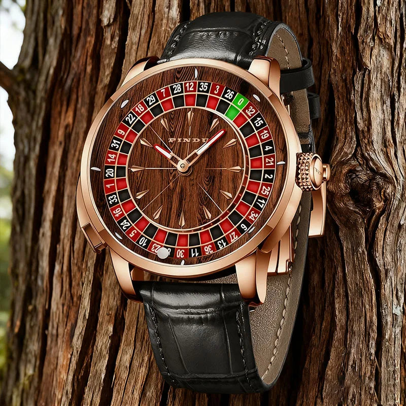 2025 PINDU  Men's Luxury Mechanical Watch Stainless Steel NH35 Wood Grain Roulette Top Brand Waterproof Sapphire Glass