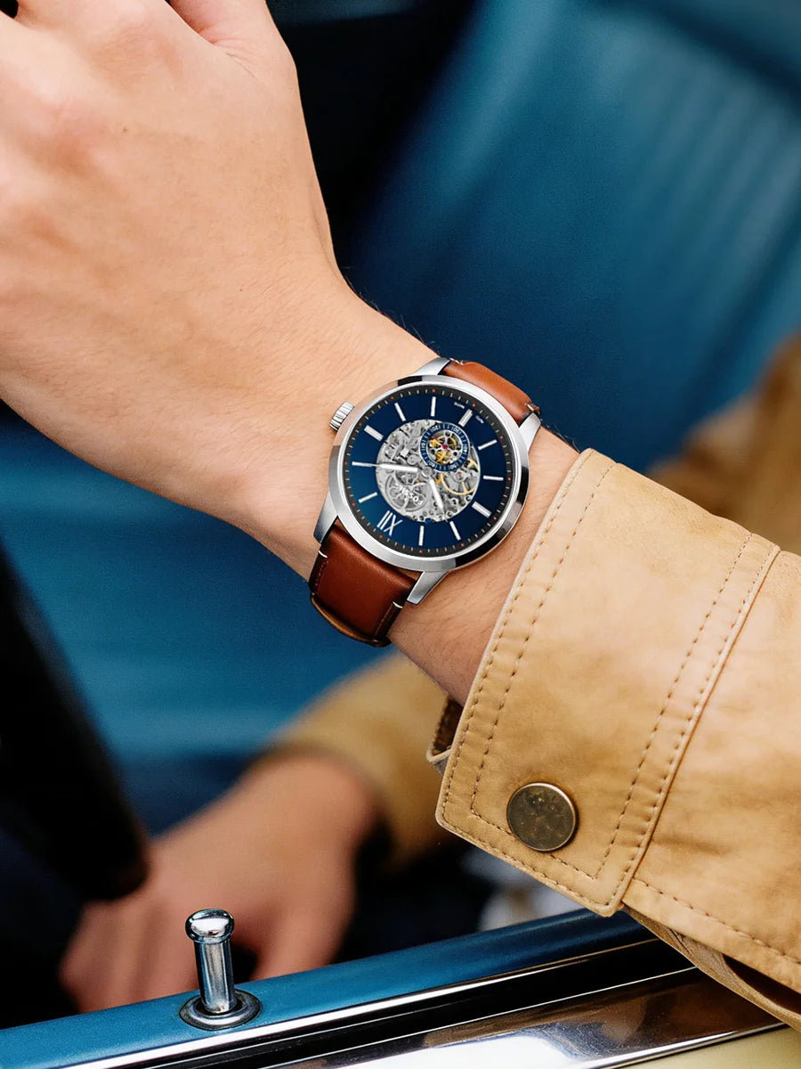 Fossil Men's Automatic Mechanical Watch Skeleton Dial Visible Movement Leather Strap Blue Navy Business Dress Gift Boyfriend