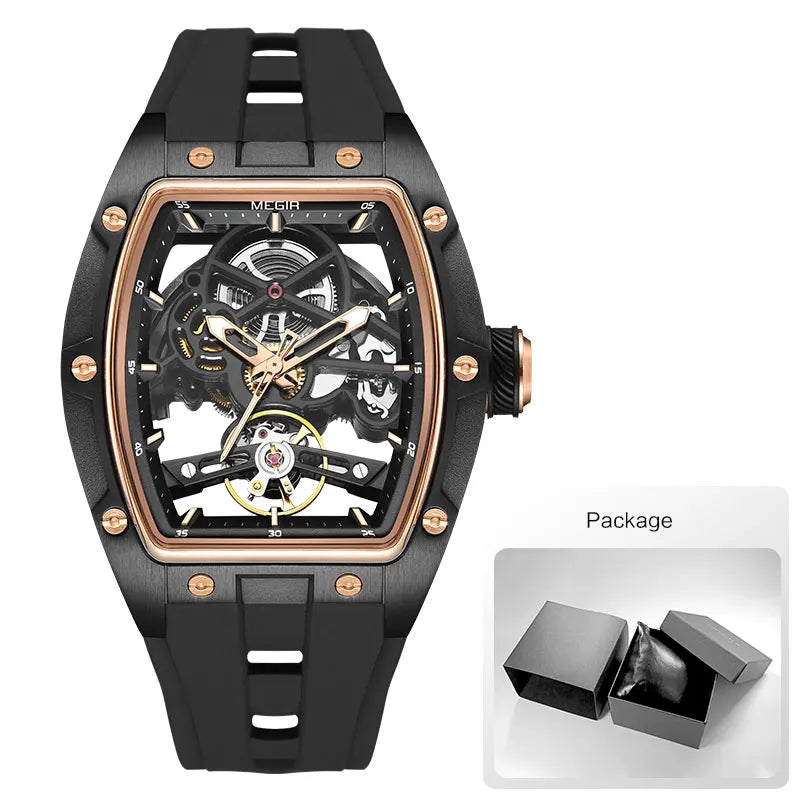 MEGIR Men Wristwatch Fashion Black Waterproof Automatic Mechanical Watch with Luminous Hands Silicone Strap Tonneau Dial 2242