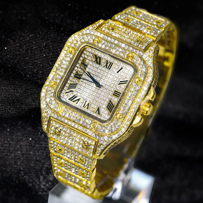 Brand Luxury Men's Watches Stylish Alloy Strap Hip Hop Diamond Gold Date Quartz Watch Montre Homme