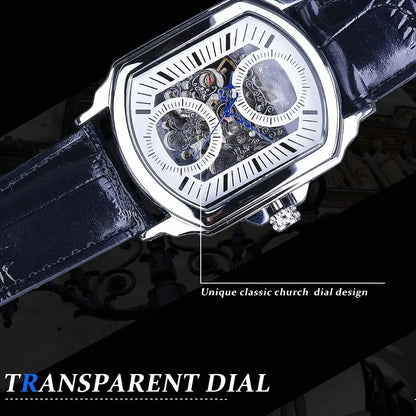 WINNER Business Mens Mechanical Watches Blue Pointers Irregular Skeleton Automatic Watch for Men Casual Leather Strap Wristwatch