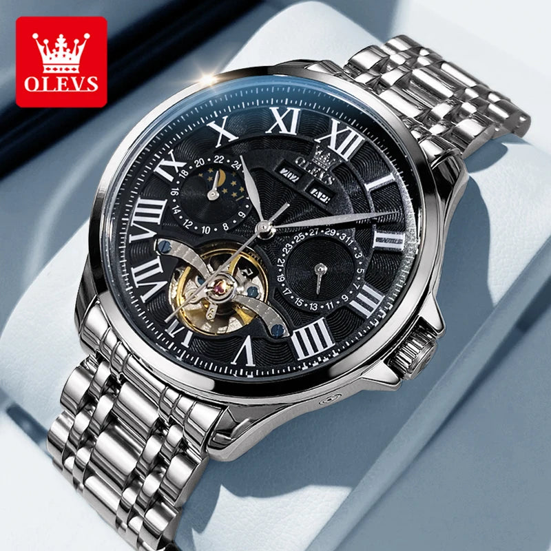 OLEVS 7013 Automatic Men Watch Moon phase Waterproof Luxury Men's Watch Date Stainless steel Mechanical Watch
