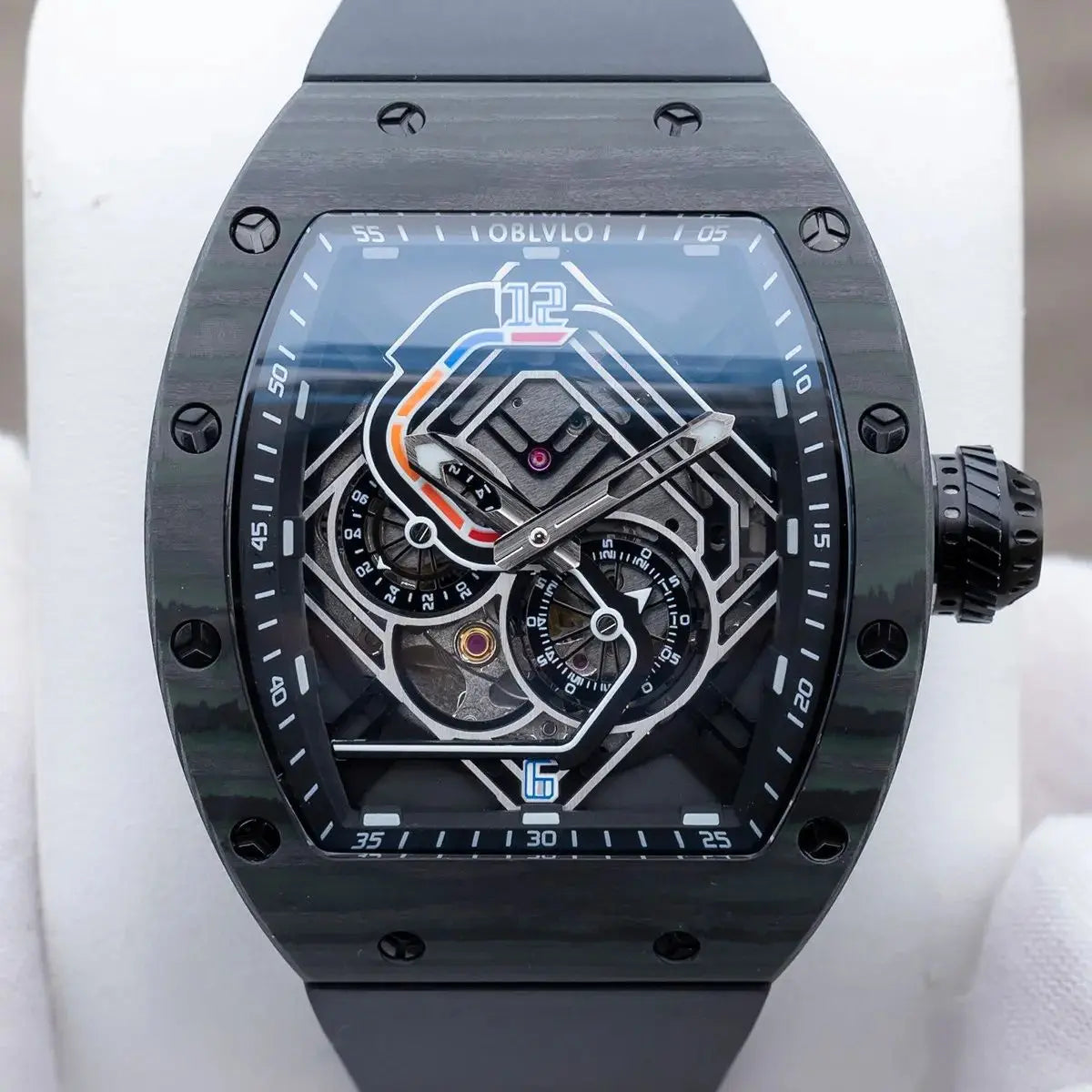 OBLVLO Men Automatic Watch 43mm Mechanical Tonneau Case Wristwatch Skeleton Racing Dial 50M Waterproof Luminous Miyota 82S7