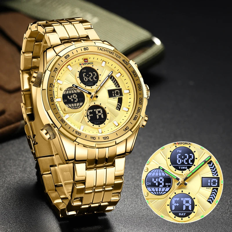 Top Luxury NAVIFORCE Gold Watches for Men Quartz Military Digital Sports Wrist Watch Steel Band Waterproof Luminous Alarm Clock