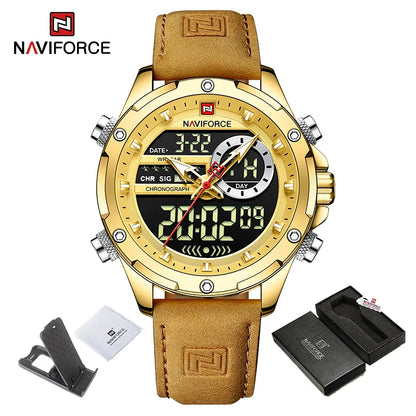 NAVIFORCE Classic Brand Man Genuine Leather Waterproof Wrist Watch Sports Casual Male Quartz Digital Military Chronograph Clocks