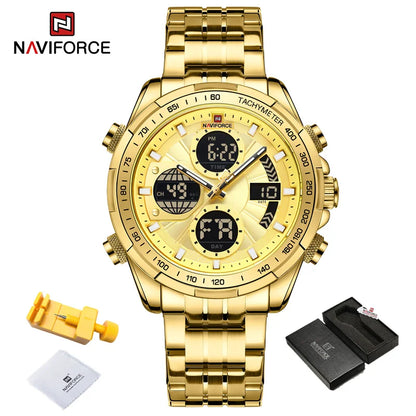 Top Luxury NAVIFORCE Gold Watches for Men Quartz Military Digital Sports Wrist Watch Steel Band Waterproof Luminous Alarm Clock