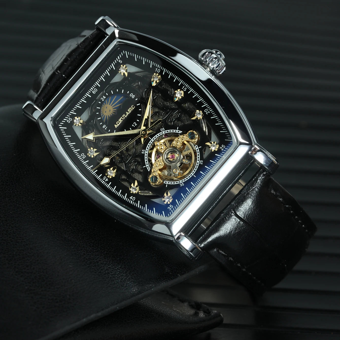 AOKULASIC Tourbillon Iced Out Skeleton Automatic Mechanical Watches for Men Luxury Moon Phase Casual Leather Strap Mens Watch