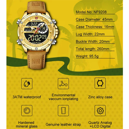 NAVIFORCE Original Men's Dual Time Luxury Sport Watch Casual Chronograph Alarm Quartz Wristwatch Leather Strap Waterproof Clock