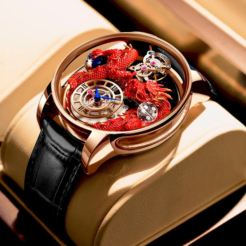 PINDU Design Celestial Body Series Traditionnelle Artisanat Three Dimensional Dragon Men Watch Curved Mirror Transparent Globe