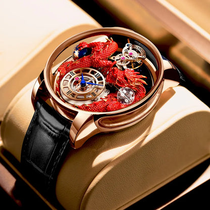 PINDU Design Celestial Body Series Traditionnelle Artisanat Three Dimensional Dragon Men Watch Curved Mirror Transparent Globe