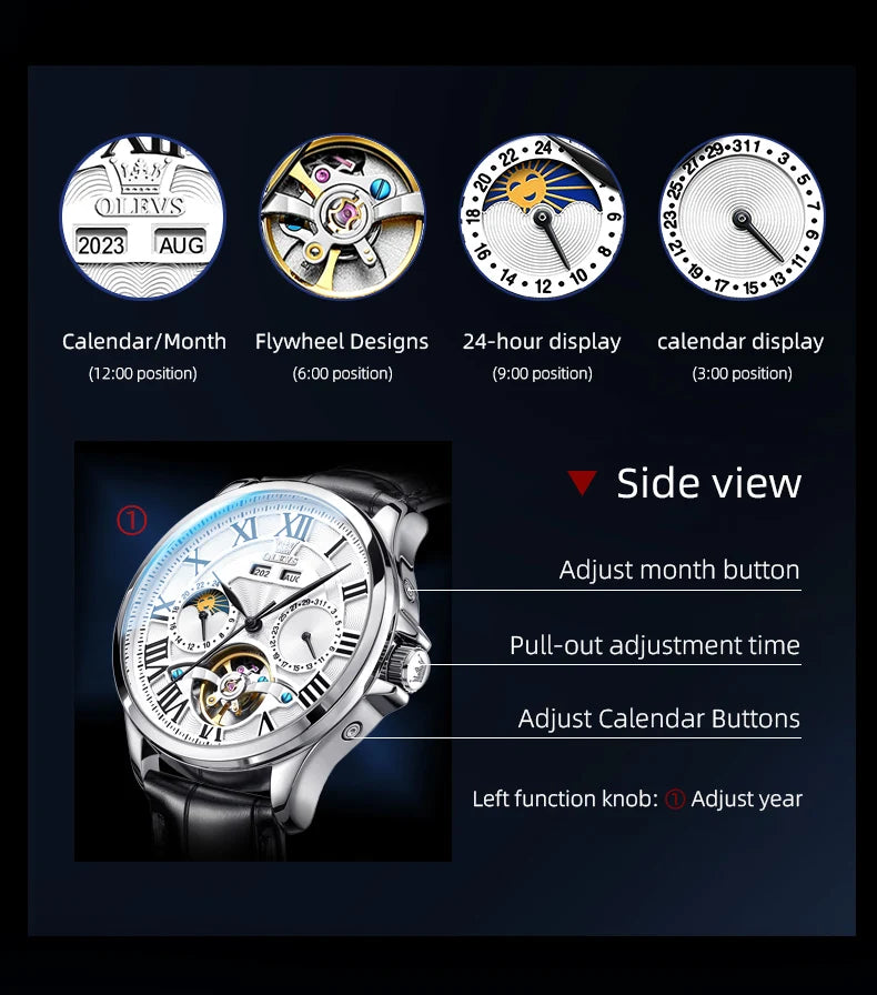 OLEVS 7013 Automatic Men Watch Moon phase Waterproof Luxury Men's Watch Date Stainless steel Mechanical Watch