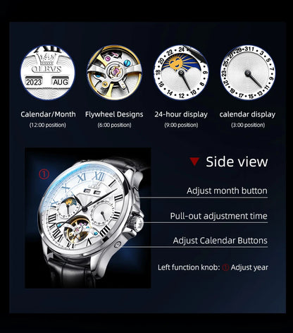 OLEVS 7013 Automatic Men Watch Moon phase Waterproof Luxury Men's Watch Date Stainless steel Mechanical Watch