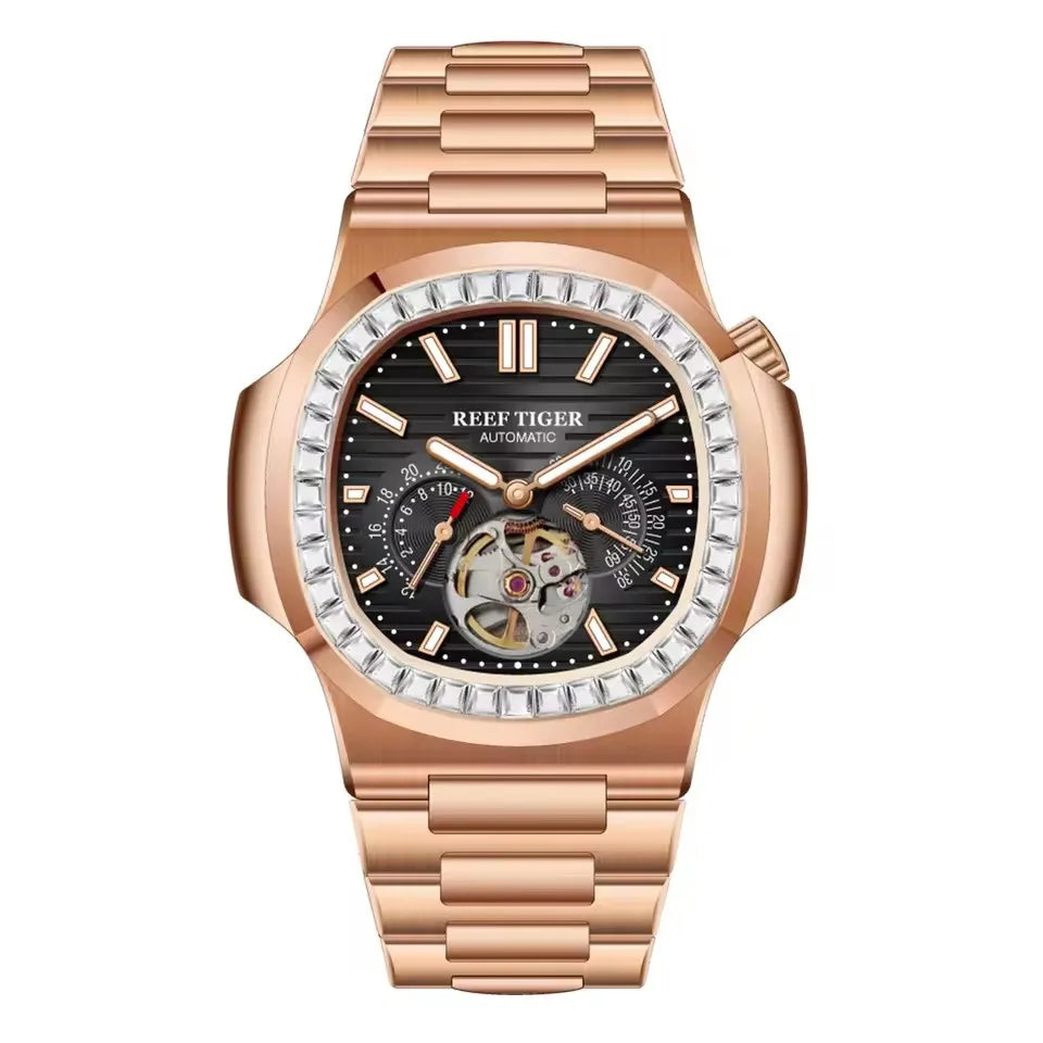 Reef Tiger Men Automatic Watch Luxury 44mm Square Mechanical Wristwatch Sapphire Luminous Skeleton Dial Date 24 Hours