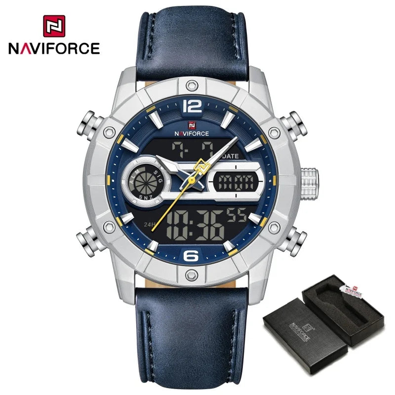NAVIFORCE NF9263 Waterproof Watch Luminous Display Genuine Leather Strap Multi-Function Chronograph Countdown Timer Alarm NF9263