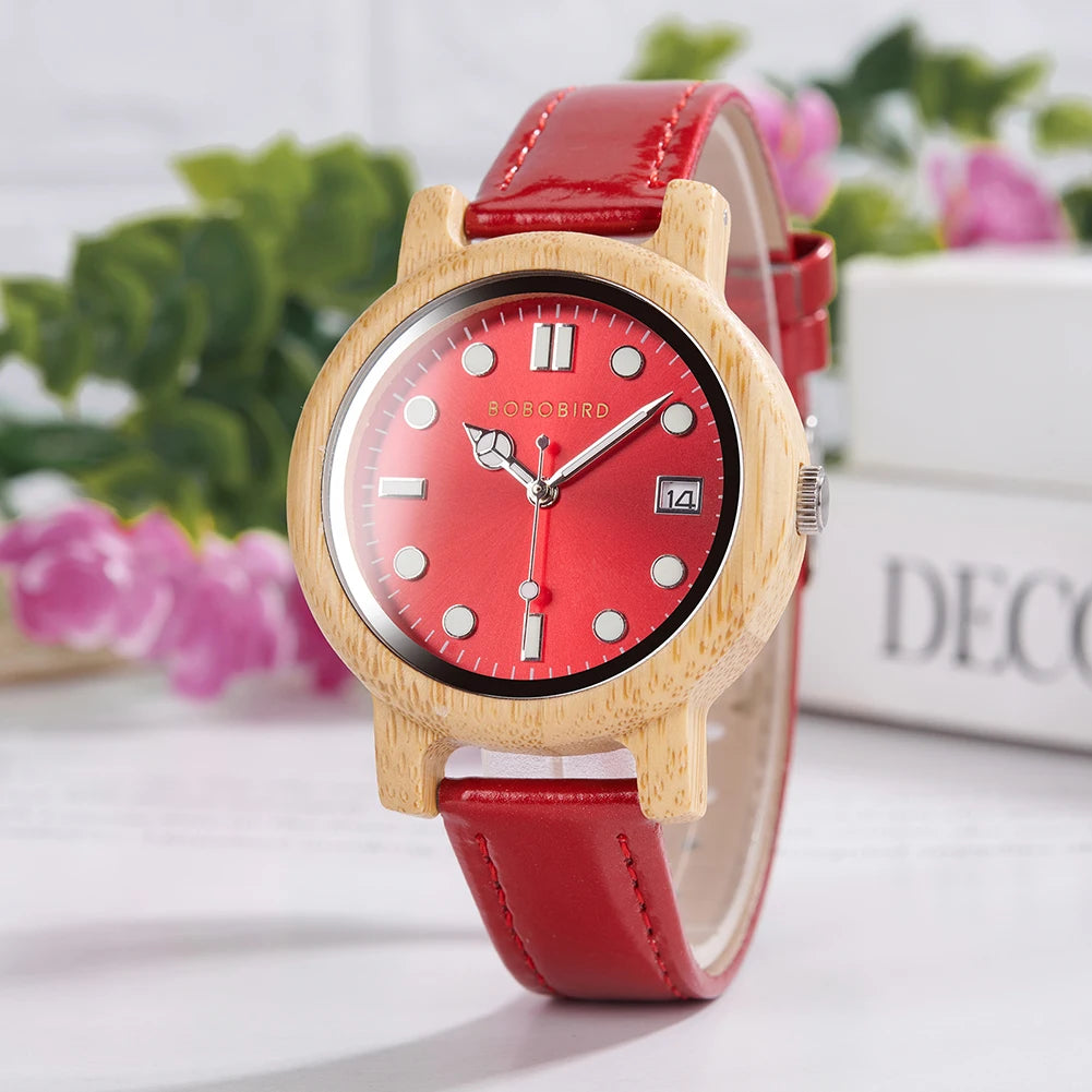BOBO BIRD Bamboo Ladies Wristwatch for Women with Genuine Leather Strap Natural Lightweight Elegant Fashion Gift Watch for Her