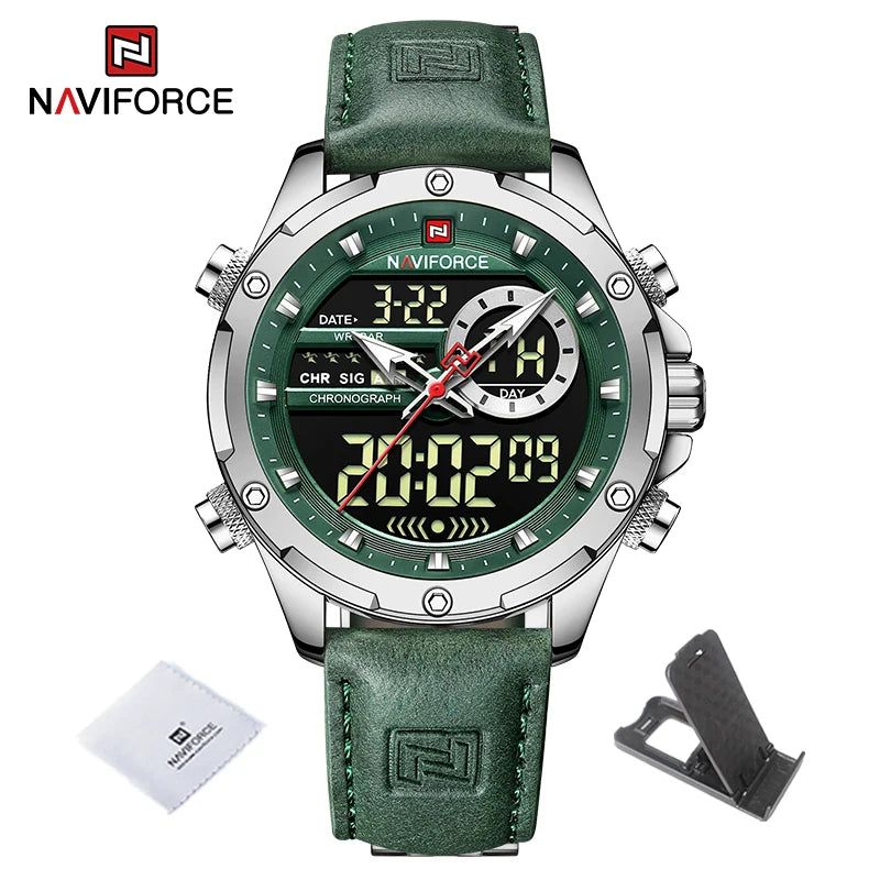 NAVIFORCE Classic Brand Man Genuine Leather Waterproof Wrist Watch Sports Casual Male Quartz Digital Military Chronograph Clocks