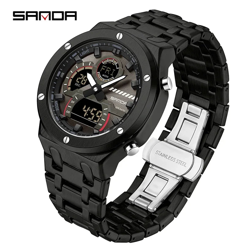 SANDA Fashion Men's Quartz Watch Multifunction Chronograph LED Display Wristwatch Waterproof Stainless Steel Men's Digital Clock