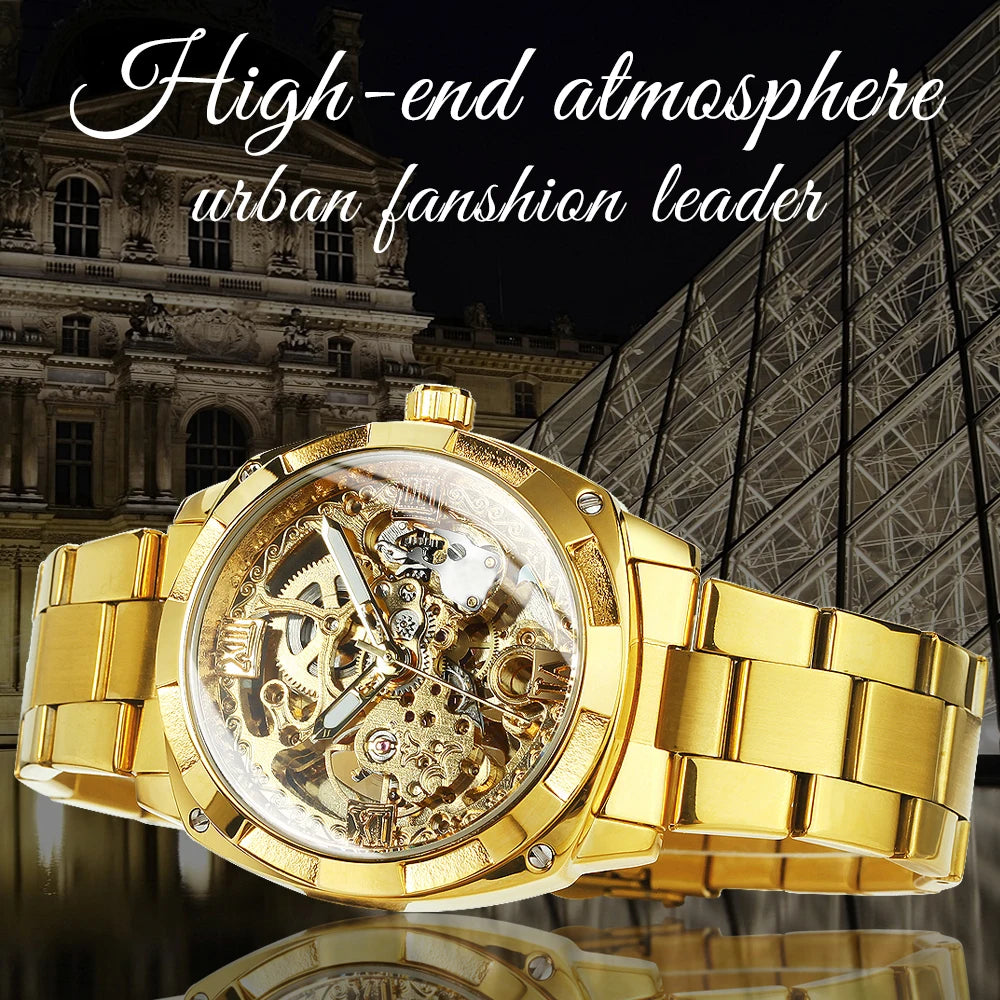 Forsining Gold Mens Watches Top Brand Luxury Skeleton Automatic Mechanical Watch for Men Stainless Steel Band Fashion Wristwatch