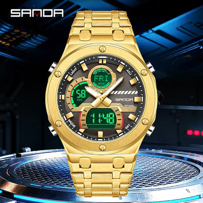 SANDA Fashion Men's Quartz Watch Multifunction Chronograph LED Display Wristwatch Waterproof Stainless Steel Men's Digital Clock